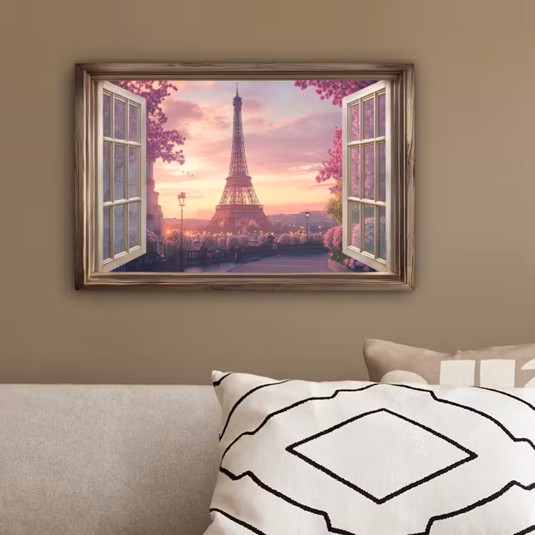 Doorkijk - Parijs - Eiffeltoren - Roze - Kersenbloesem canvas 2cm klein -sfeer3