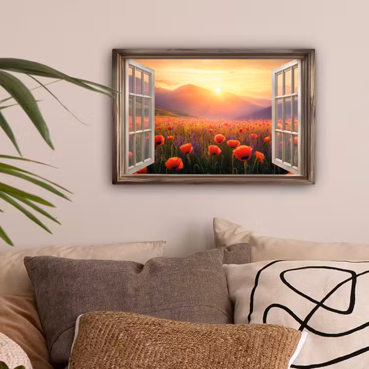 Doorkijk - Klaprozen - Bloemen - Rood - Open raam canvas 2cm klein -sfeer1