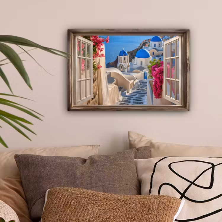 Doorkijk - Santorini - Landschap - Blauw - Grieks canvas 2cm klein -sfeer1