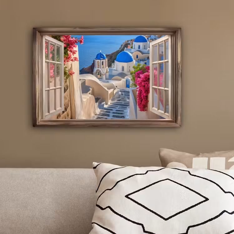 Doorkijk - Santorini - Landschap - Blauw - Grieks canvas 2cm klein -sfeer3