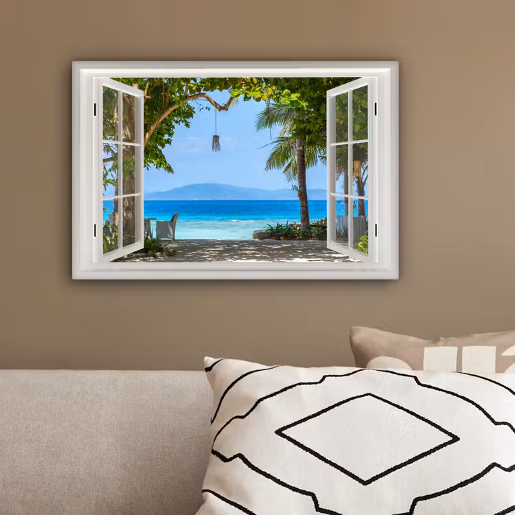 Doorkijk - Boom - Zee - Palmboom - Heuvels - Strand - Blauw canvas 2cm klein -sfeer3