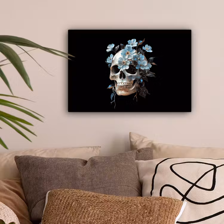 Schedel - Blauw - Bloemen - Bladeren canvas 2cm klein -sfeer1