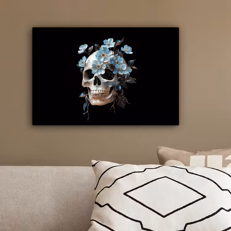 Schedel - Blauw - Bloemen - Bladeren canvas 2cm klein -sfeer3