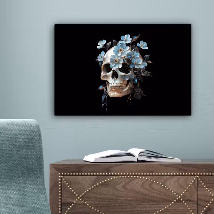 Schedel - Blauw - Bloemen - Bladeren canvas 2cm klein -sfeer4