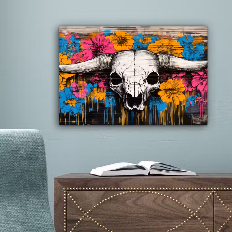 Schedel - Bloemen - Graffiti canvas 2cm klein -sfeer4