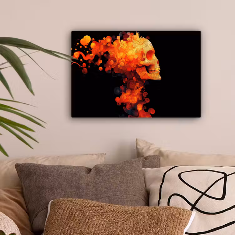 Schedel - Oranje - Zijaanzicht - Vlammen canvas 2cm klein -sfeer1