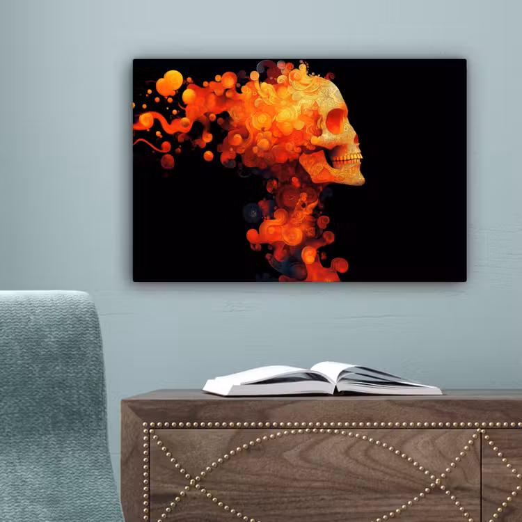 Schedel - Oranje - Zijaanzicht - Vlammen canvas 2cm klein -sfeer4