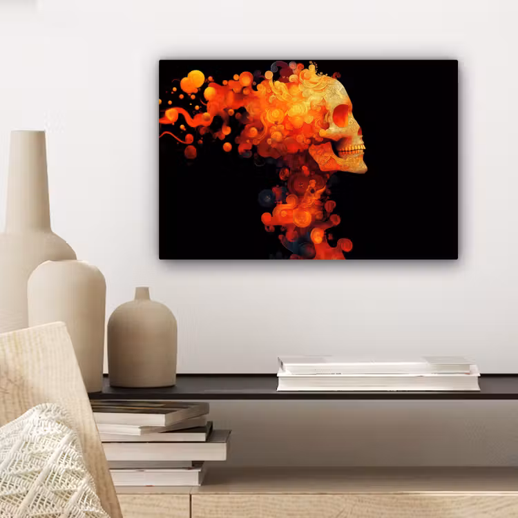 Schedel - Oranje - Zijaanzicht - Vlammen canvas 2cm klein -sfeer6
