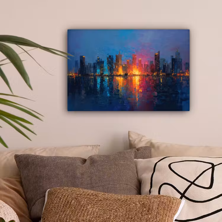 Skyline - Penseelstreken - Donkerblauw - Lichtgevend canvas 2cm klein -sfeer1