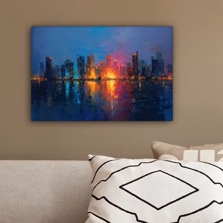 Skyline - Penseelstreken - Donkerblauw - Lichtgevend canvas 2cm klein -sfeer3
