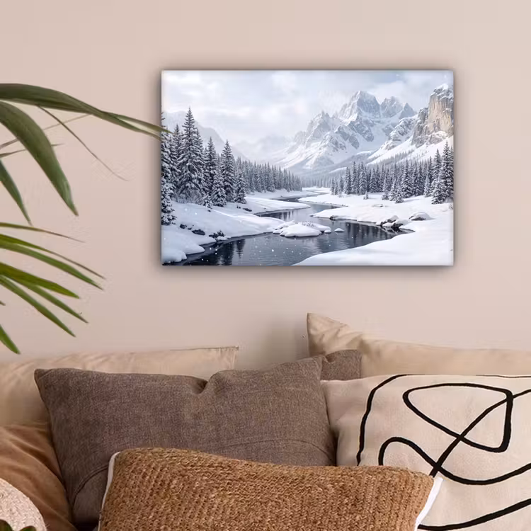 Sneeuwlandschap - Bergen - Rivier - Winter canvas 2cm klein -sfeer1