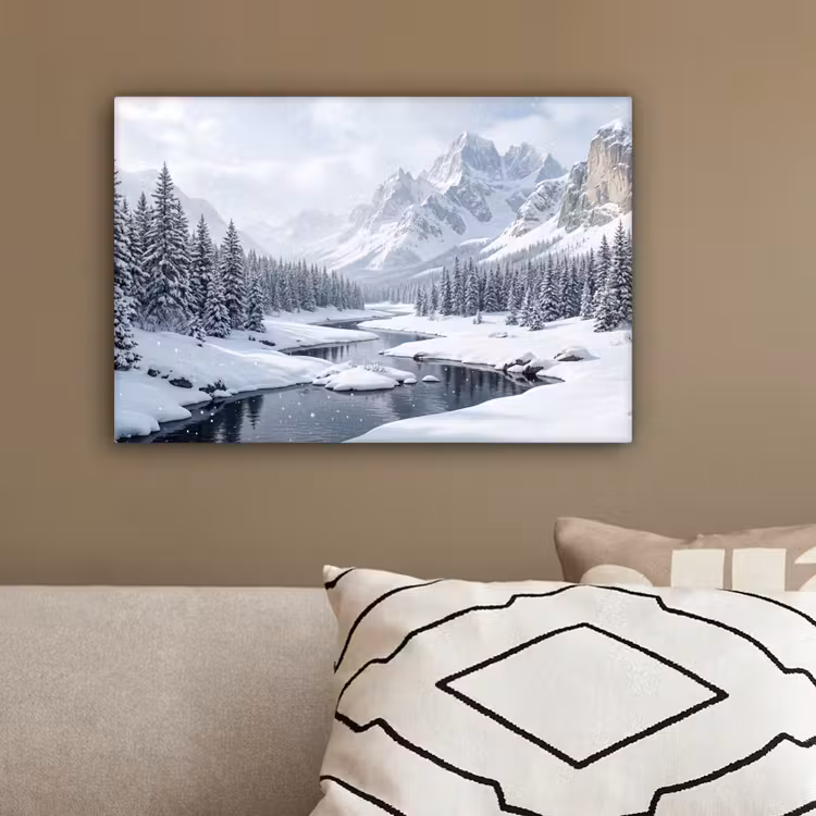 Sneeuwlandschap - Bergen - Rivier - Winter canvas 2cm klein -sfeer3