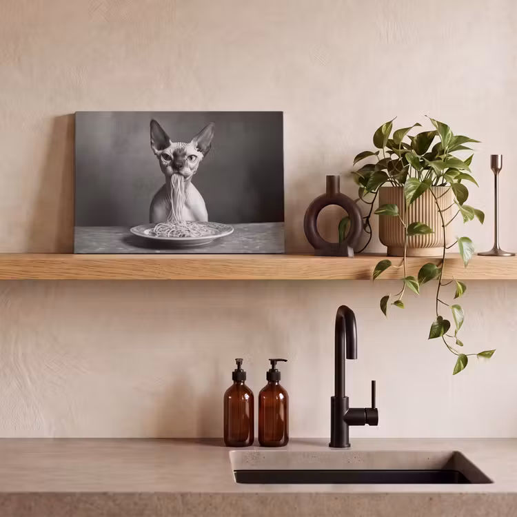 Sphynx - Kat - Dieren - Humor - Spaghetti - Zwart Wit canvas 2cm klein -sfeer3