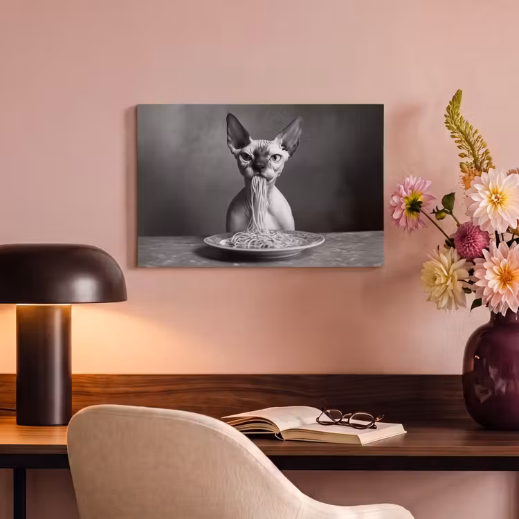 Sphynx - Kat - Dieren - Humor - Spaghetti - Zwart Wit canvas 2cm klein -sfeer4