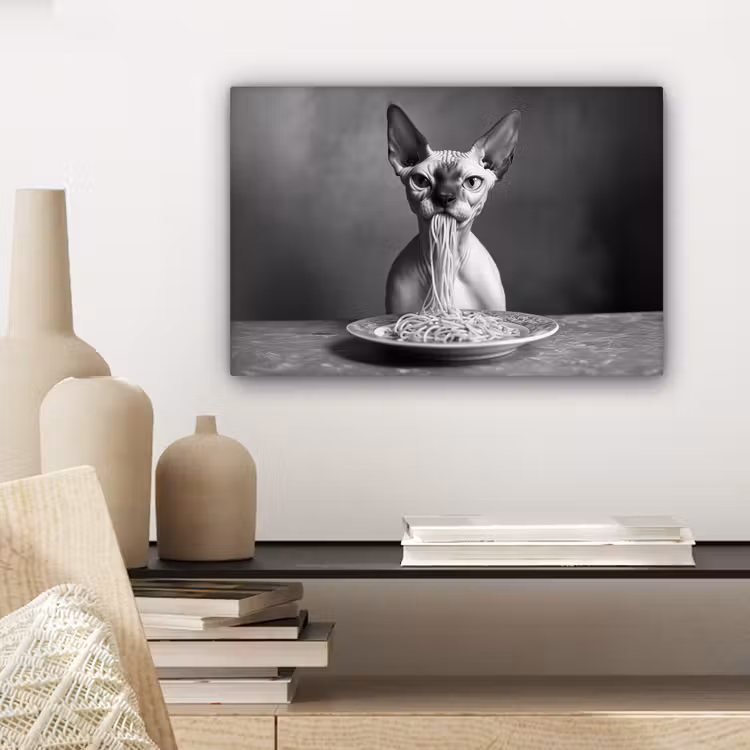 Sphynx - Kat - Dieren - Humor - Spaghetti - Zwart Wit canvas 2cm klein -sfeer6