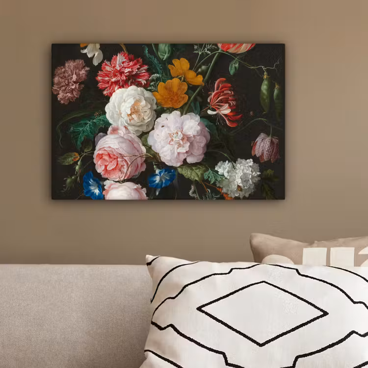 Stilleven met bloemen in een glazen vaas - Schilderij van Jan Davidsz. de Heem canvas 2cm klein -sfeer3