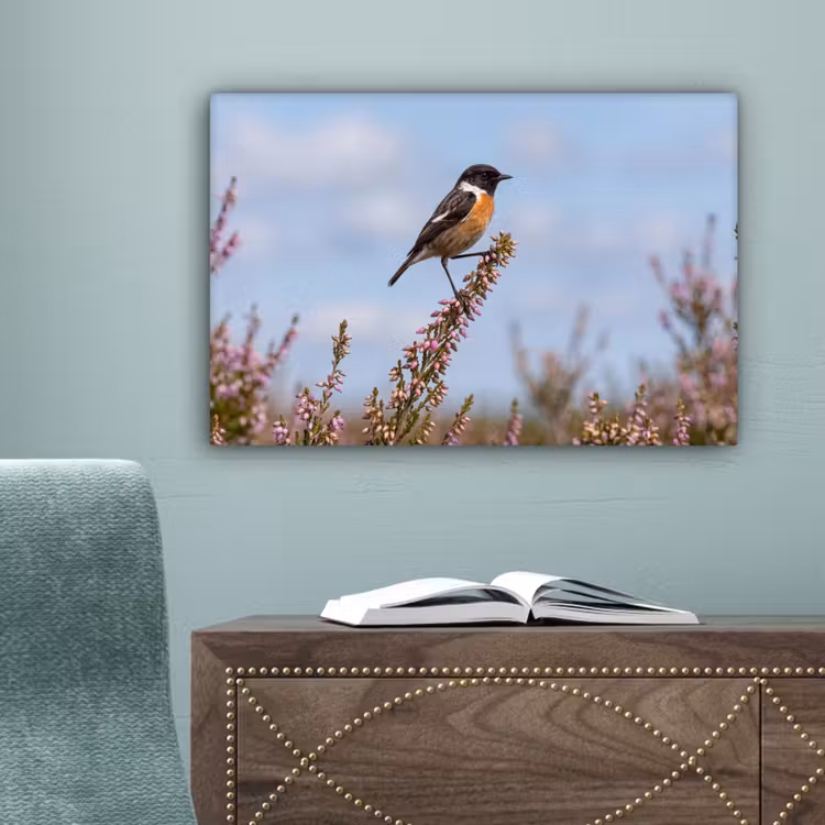 Roodborsttapuit - Heide - Paars - Natuur - Sfeervol canvas 2cm klein -sfeer4