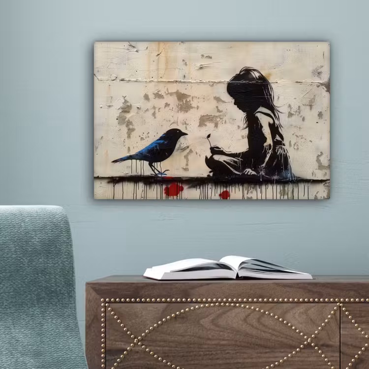Street art - Meisje - Vogel - Graffiti - Banksy canvas 2cm klein -sfeer4