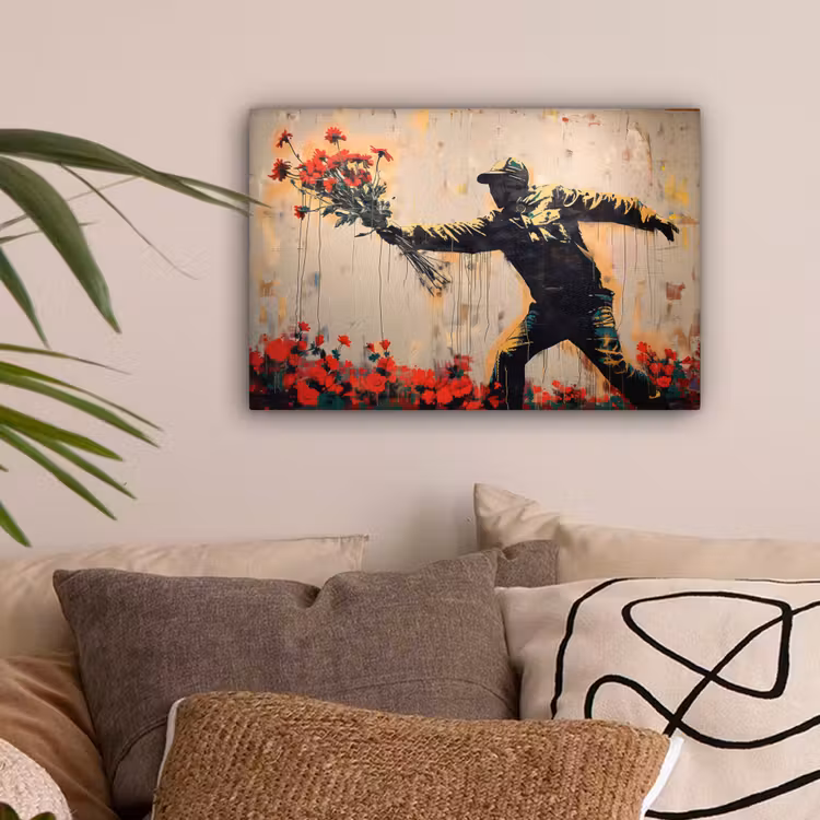 Street art - Man - Bloemen - Rood - Graffiti - Banksy canvas 2cm klein -sfeer1