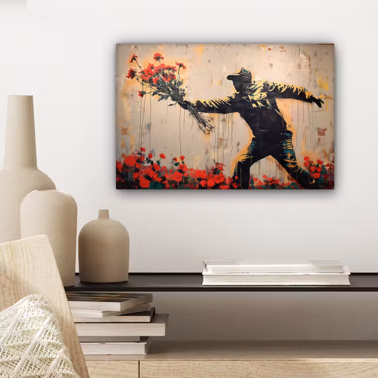 Street art - Man - Bloemen - Rood - Graffiti - Banksy canvas 2cm klein -sfeer6