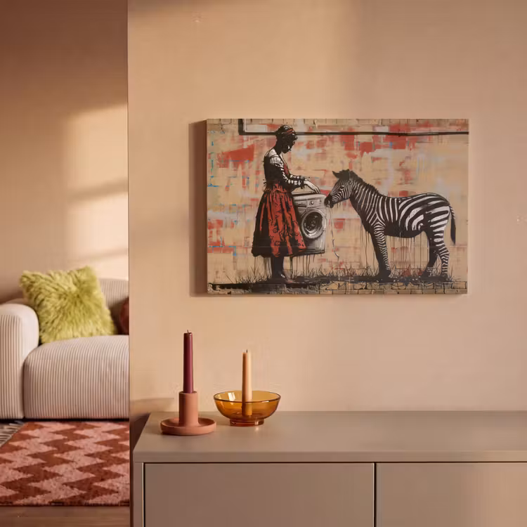Street art - Zebra - Vrouw - Dieren - Graffiti - Banksy canvas 2cm klein -sfeer1