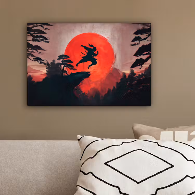 Zon - Krijger - Bomen - Bergen canvas 2cm klein -sfeer3