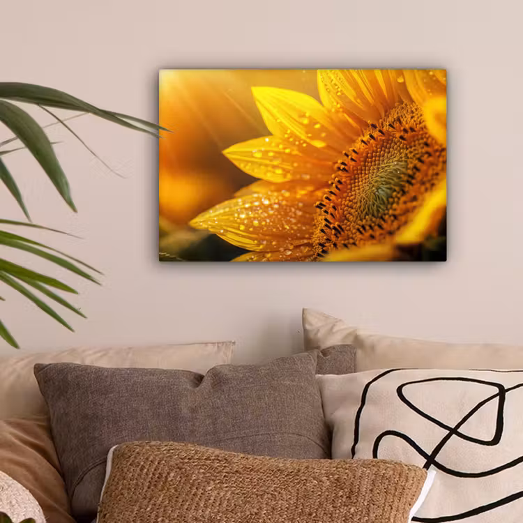 Zonnebloem - Dauwdruppels - Geel - Zonlicht canvas 2cm klein -sfeer1