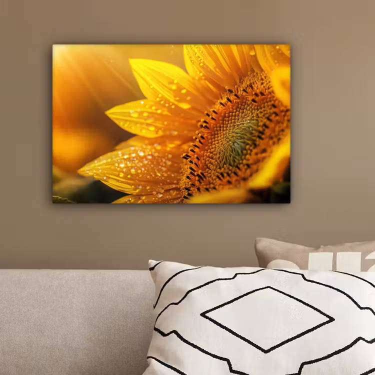 Zonnebloem - Dauwdruppels - Geel - Zonlicht canvas 2cm klein -sfeer3
