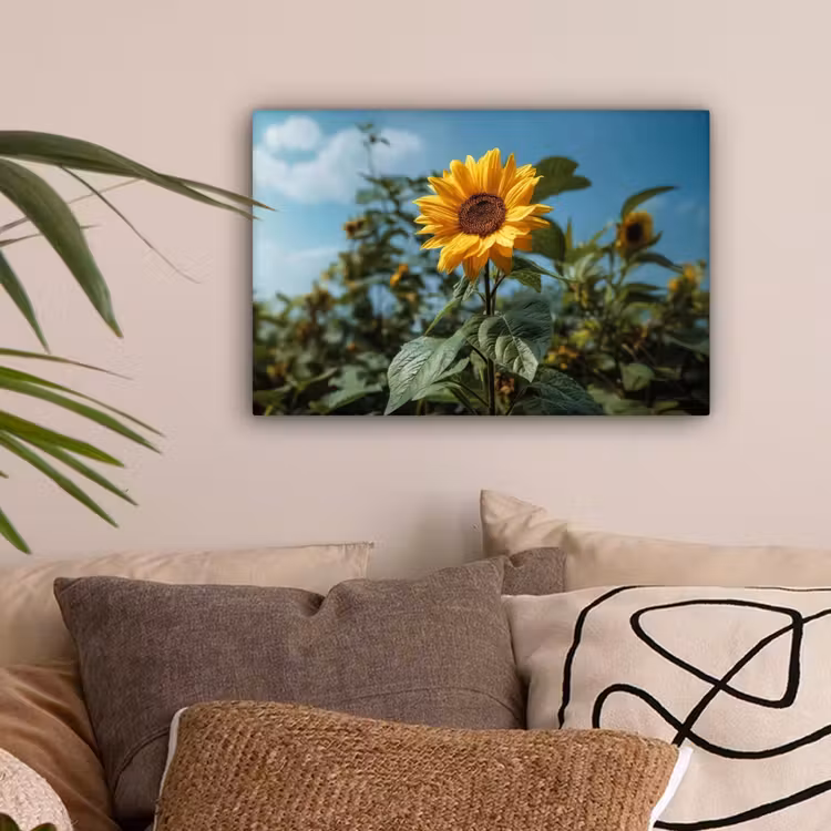 Zonnebloemen - Helderblauwer lucht - Gras canvas 2cm klein -sfeer1