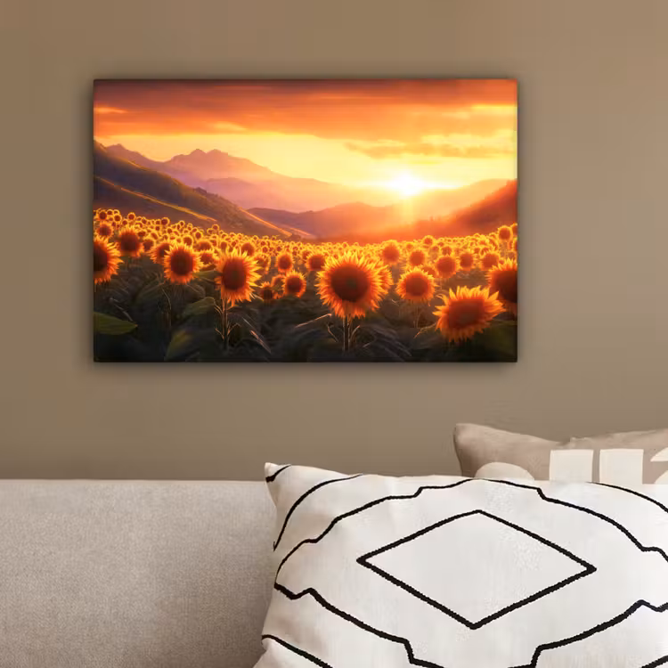 Zonnebloemen - Zonsondergang - Landschap canvas 2cm klein -sfeer3