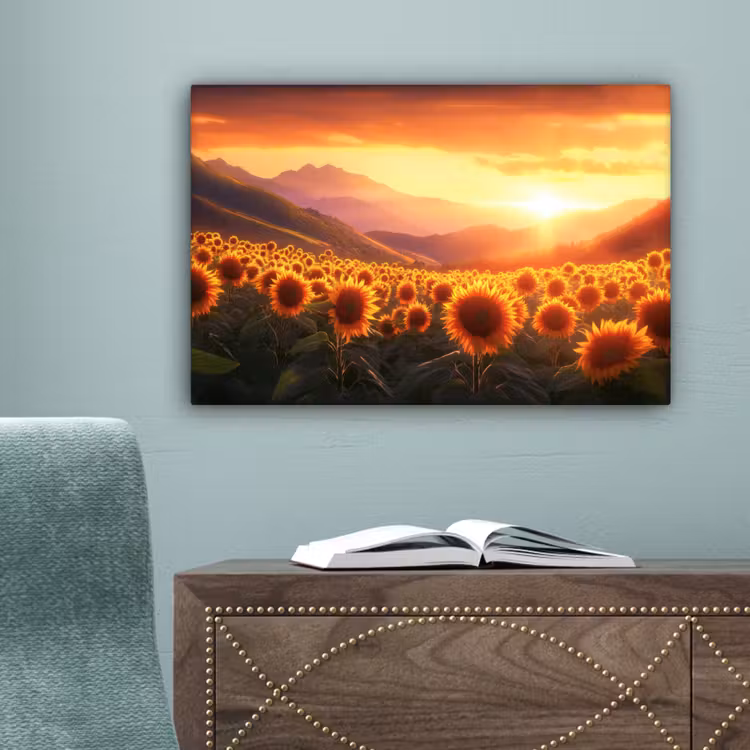 Zonnebloemen - Zonsondergang - Landschap canvas 2cm klein -sfeer4