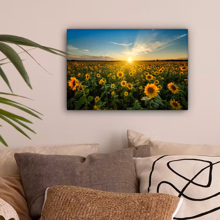 Zonsondergang - Bloemen - Zonnebloem - Horizon - Landschap canvas 2cm klein -sfeer1