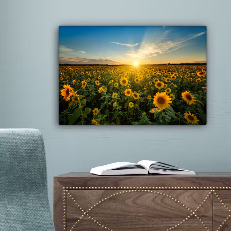 Zonsondergang - Bloemen - Zonnebloem - Horizon - Landschap canvas 2cm klein -sfeer4