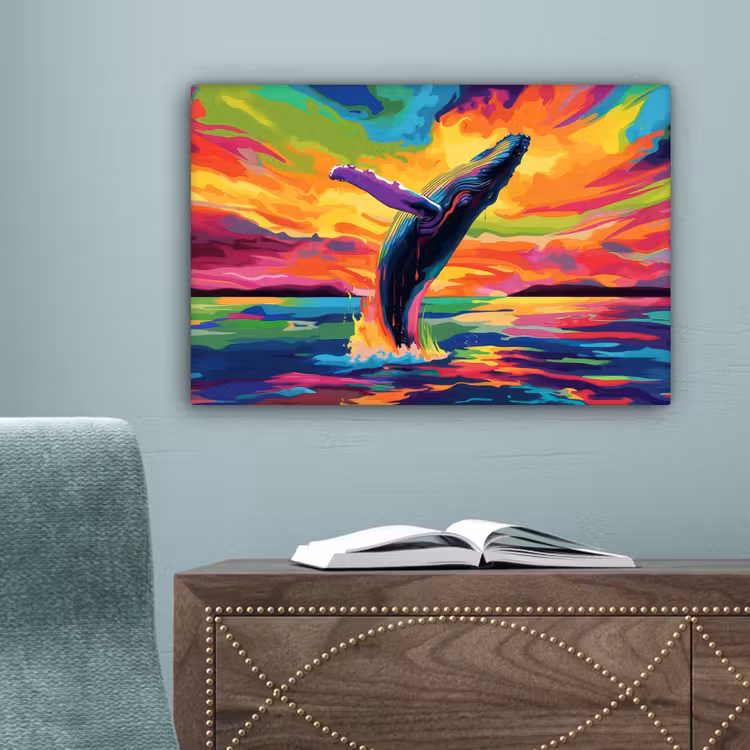 Zonsondergang - Walvis - Geschilderd - Kleurrijk canvas 2cm klein -sfeer4