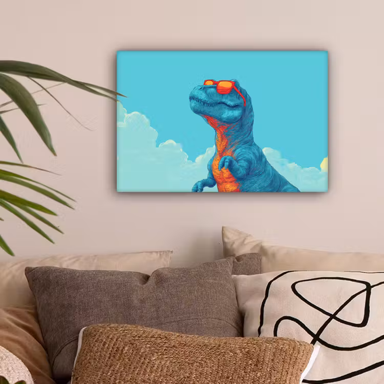 T-Rex - Blauw - Wolken - Zonnebril canvas 2cm klein -sfeer1