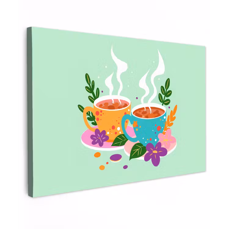 Thee - Illustratie - Kopjes - Bloemen canvas 2cm klein -z3d