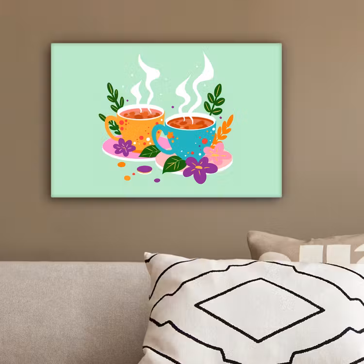 Thee - Illustratie - Kopjes - Bloemen canvas 2cm klein -sfeer3