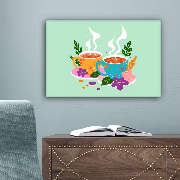 Thee - Illustratie - Kopjes - Bloemen canvas 2cm klein -sfeer4