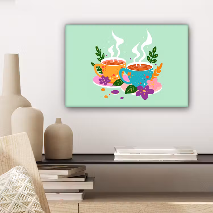 Thee - Illustratie - Kopjes - Bloemen canvas 2cm klein -sfeer6