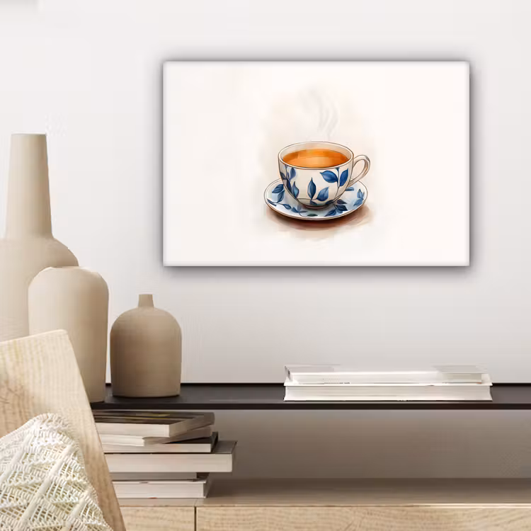 Theekop - Bladeren - Blauw canvas 2cm klein -sfeer6