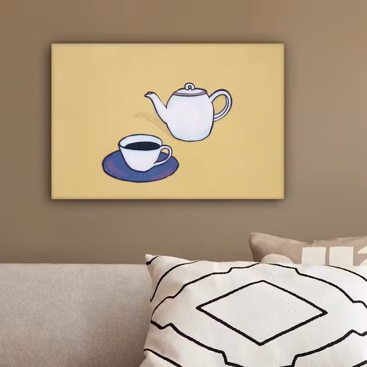 Theepot - Kopje - Beige - Illustratie canvas 2cm klein -sfeer3