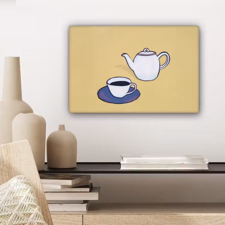 Theepot - Kopje - Beige - Illustratie canvas 2cm klein -sfeer6