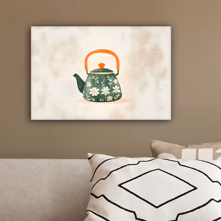 Theepot - Groen - Bloemen - Oranje canvas 2cm klein -sfeer3