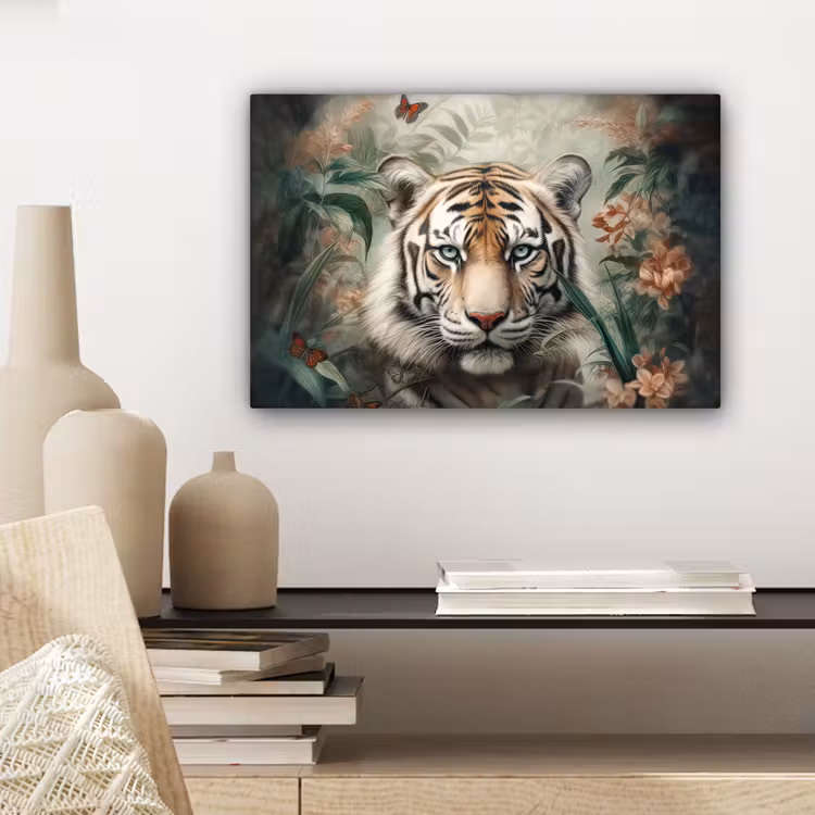 Tijger - Vlinders - Dieren - Jungle - Bloemen canvas 2cm klein -sfeer6