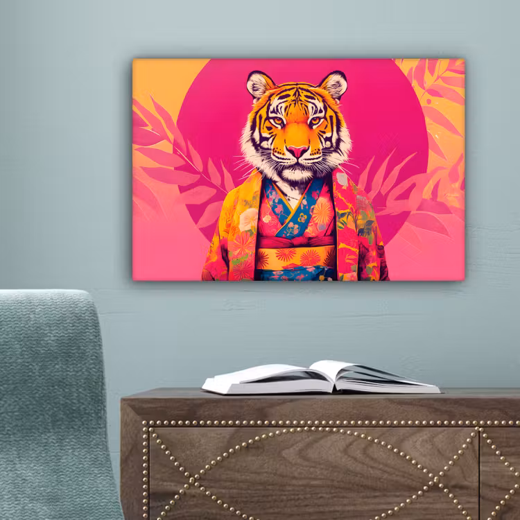 Tijger - Kimono - Planten - Roze canvas 2cm klein -sfeer4