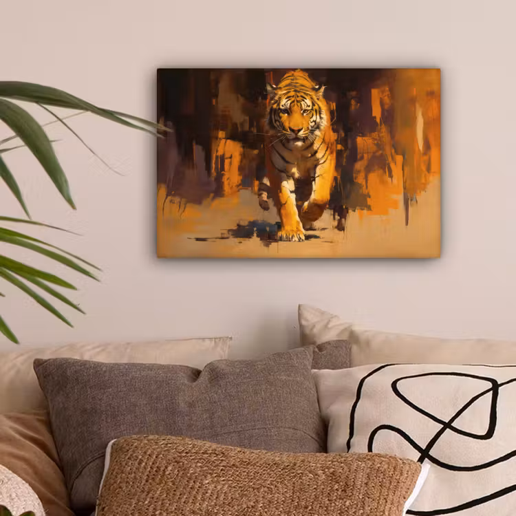 Tijger - Geschilderd - Oranje - Penseelstreken canvas 2cm klein -sfeer1