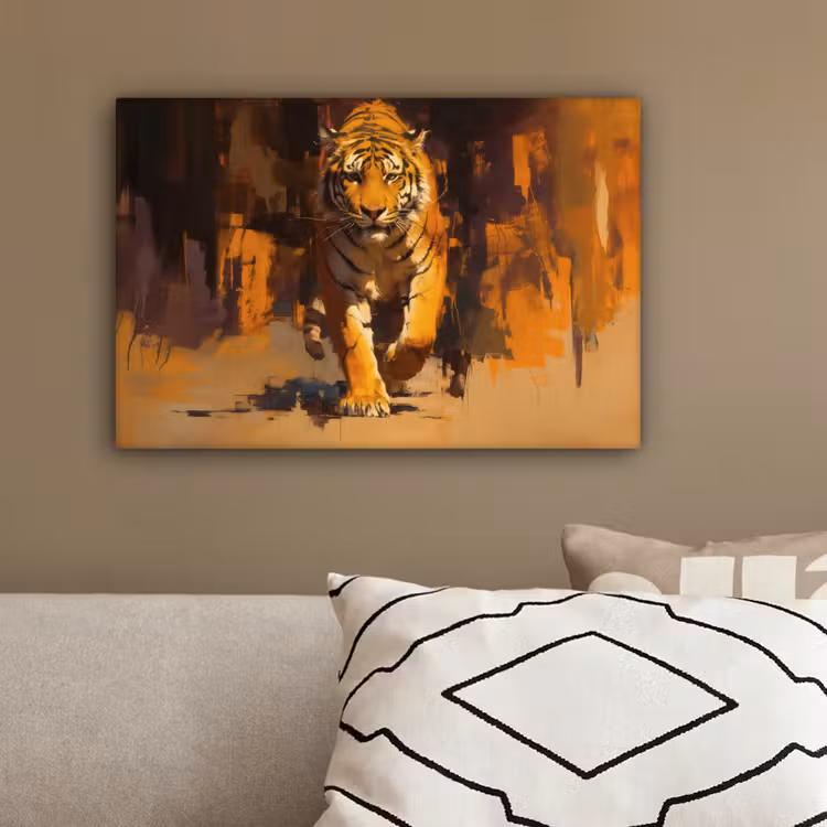 Tijger - Geschilderd - Oranje - Penseelstreken canvas 2cm klein -sfeer3