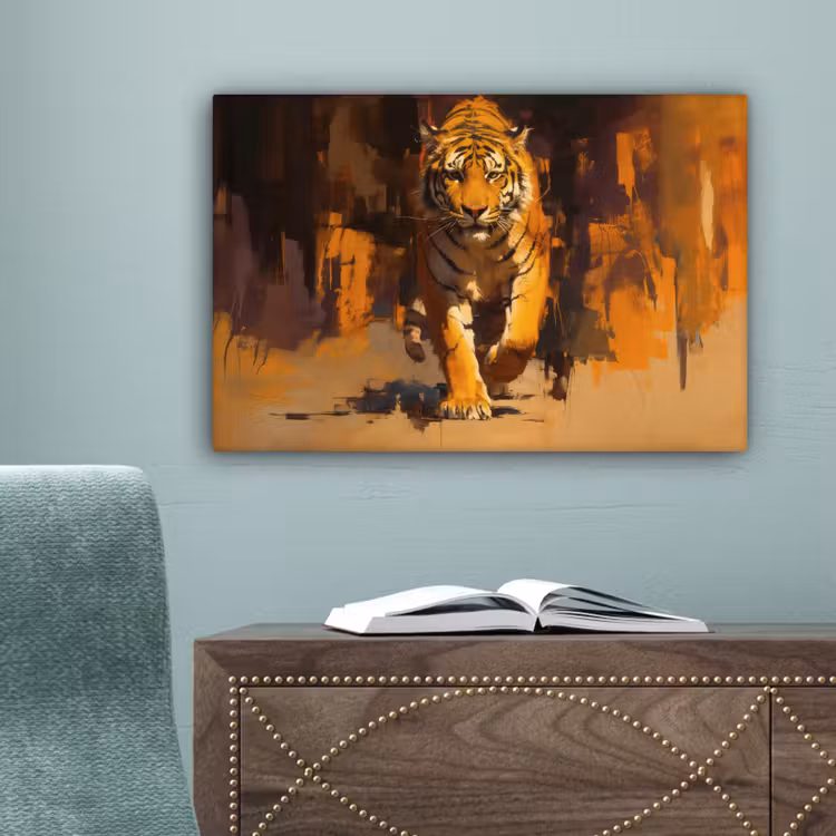 Tijger - Geschilderd - Oranje - Penseelstreken canvas 2cm klein -sfeer4