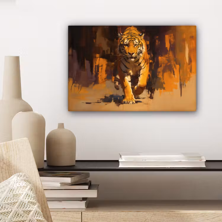 Tijger - Geschilderd - Oranje - Penseelstreken canvas 2cm klein -sfeer6