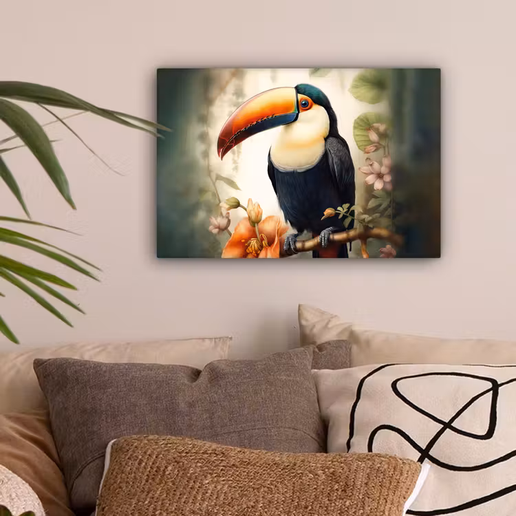 Toekan - Vogel - Bloemen - Planten canvas 2cm klein -sfeer1